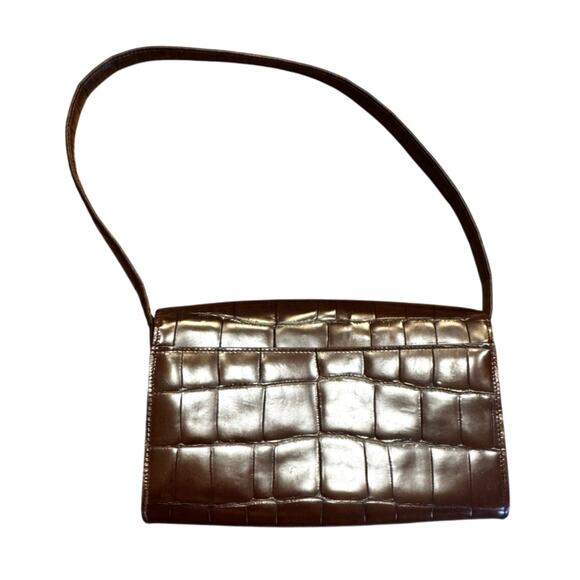 COLE HAAN Vintage Croc-Embossed Leather Shoulder Bag Brown with Gold Hardware - Picture 3 of 6
